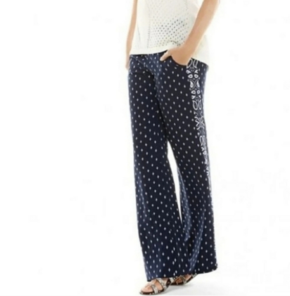Cabi Track Star Boho Paisley Palazzo Wide Leg Trouser Pant. Navy Blue. Size 8